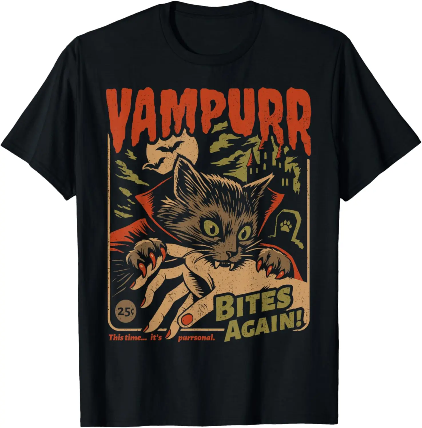 Vampurr Bites Again! Funny Cat Halloween Vintage Graphic T-Shirt 100% Cotton Trendy Y2K Short-Sleeve Tee-Soft, Quick-Drying,