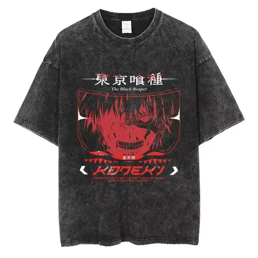 Oversized Men Women Cartoon Hot Japanese Anime Tokyo Ghoul Kaneki Ken Graphic Fashion Unisex Tshirt Summer Tops Washed T-shirts