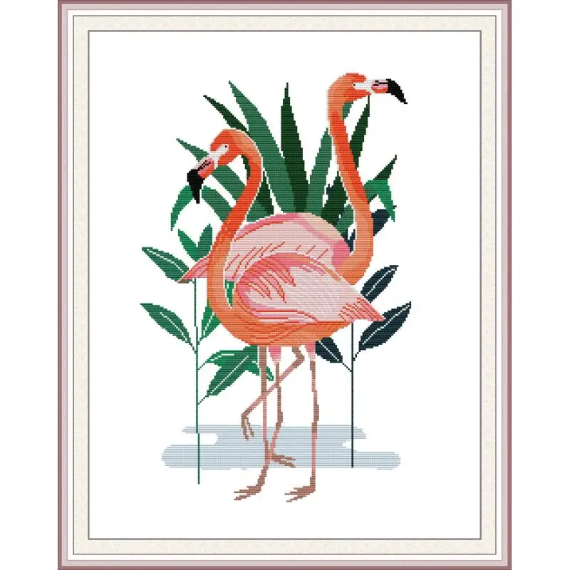 Joy Sunday Pre-printed Cross Stitch Kit DIY Easy Pattern Aida 14/11CT Stamped Fabric Embroidery Set-Flamingo Five