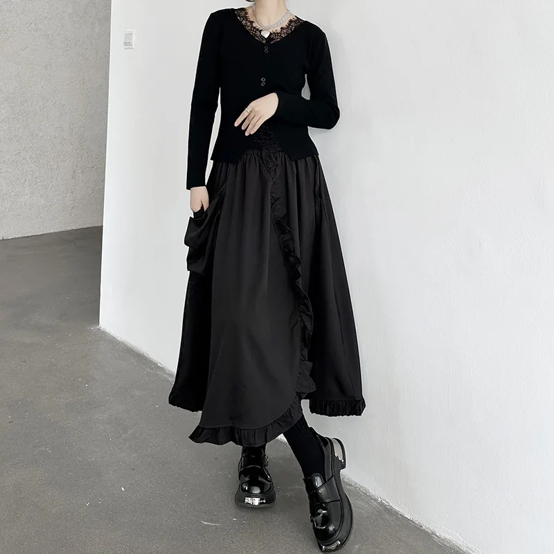 Vefadisa Black 2025 Spring Autumn New Flounces Splicing Large Pocket Women Skirts Temperament Fashion All-match Skirts ZXY1442A