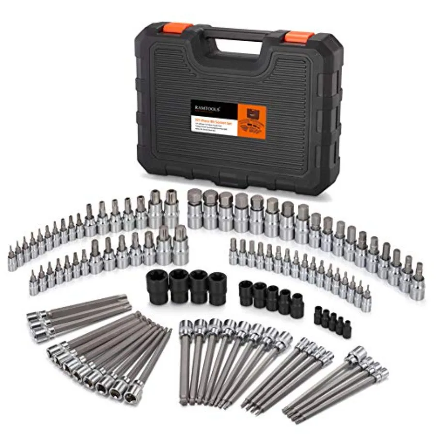 

107-Piece Allen and Torx Bit Socket Set, 1/4", 3/8" and 1/2" Drive Hex/Ball End Hex/Extra Long Tamper Proof Torx SAE and Metric