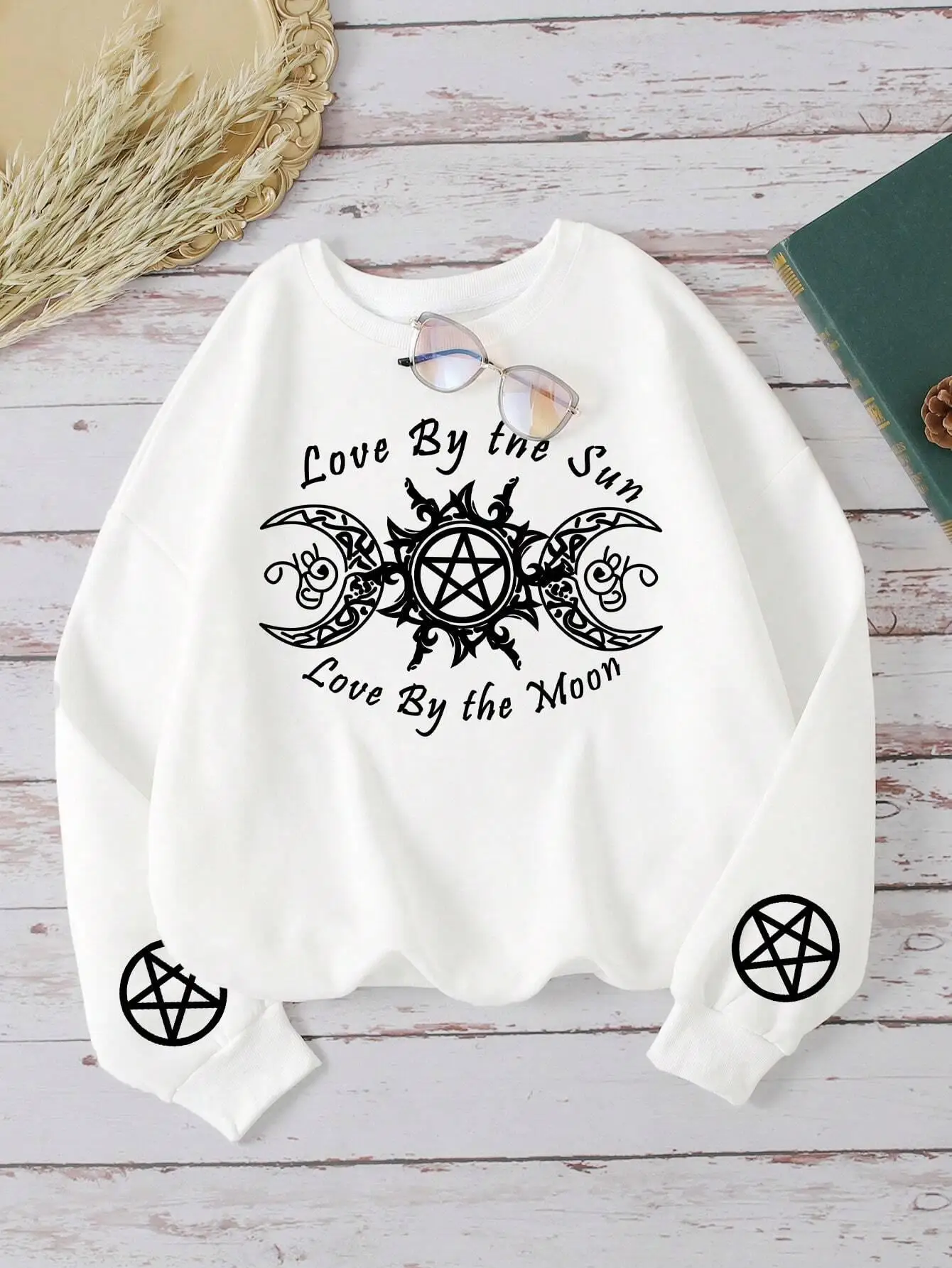 Women Sweatshirts Love By The Sun&Moon Printing Hoodies Comfortable Fleece Soft Pullover Crewneck Loose Female Tops Clothes