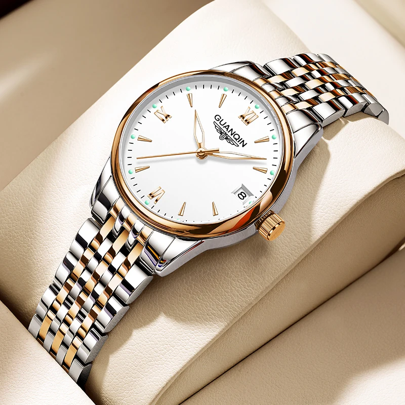 

GUANQIN Роскошные механические часы для женщин, материал из нержавеющей стали, дисплей календаря, элегантные простые женские часы для подарков