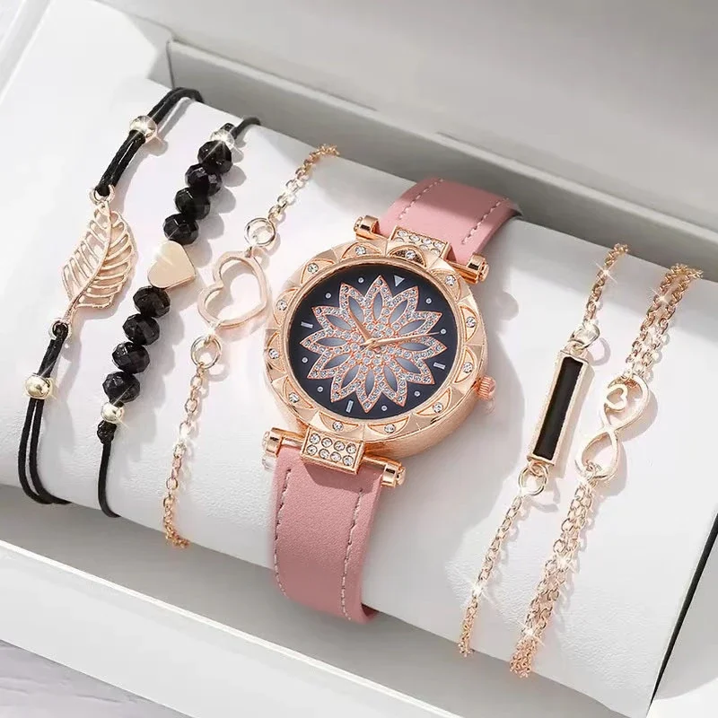 مجموعة ألماس فاخرة بنمط الزهور الخفيفة من Fashion Trend للنساء مجموعة سوار ساعة كوارتز مكونة من 6 قطع، مناسبة لعيد الميلاد والشكر