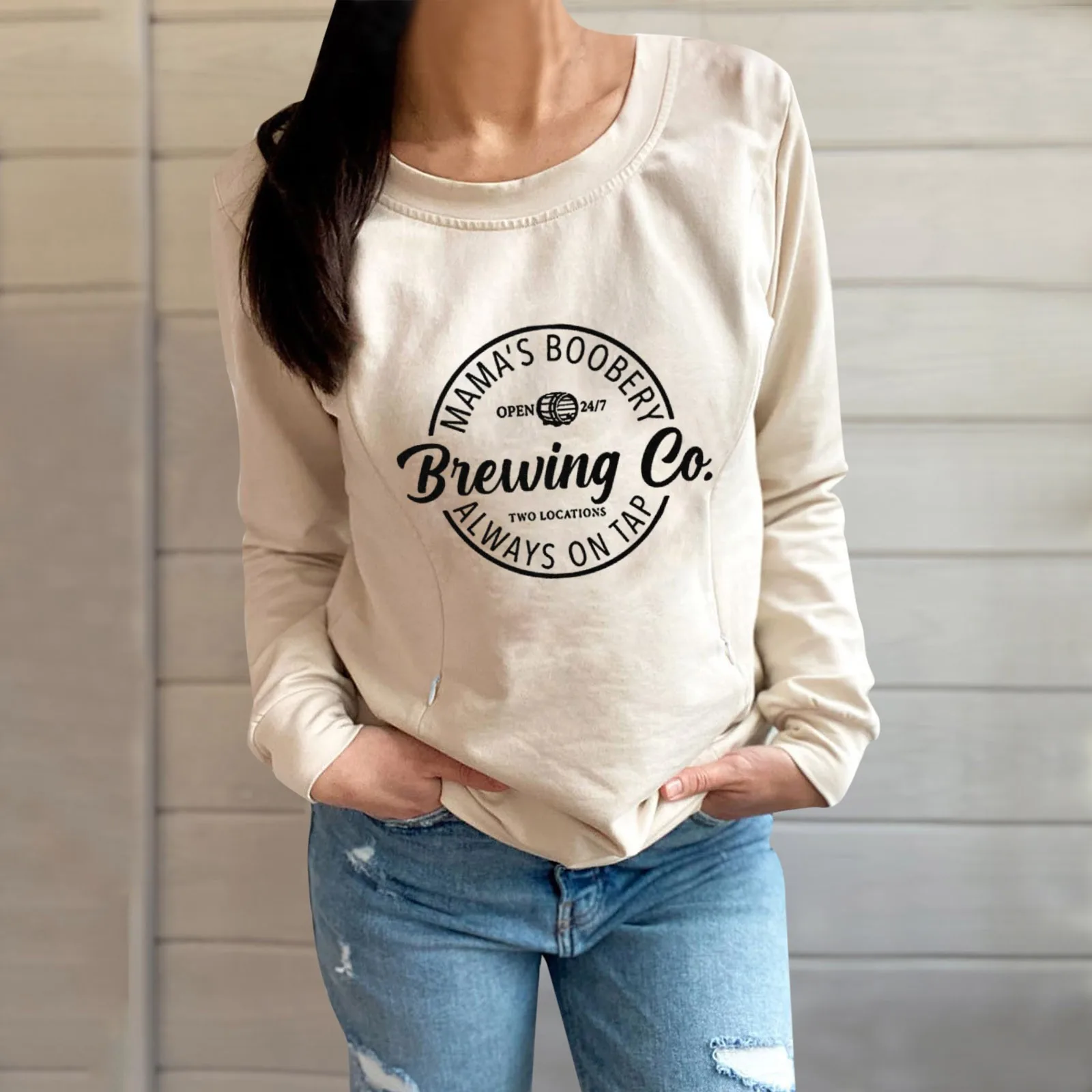 

Zipper Breastfeeding Maternity Hoodie for Women Mom Round Neck Long Sleeved Casual Pullover Loose Letter Printed Sweatshirt