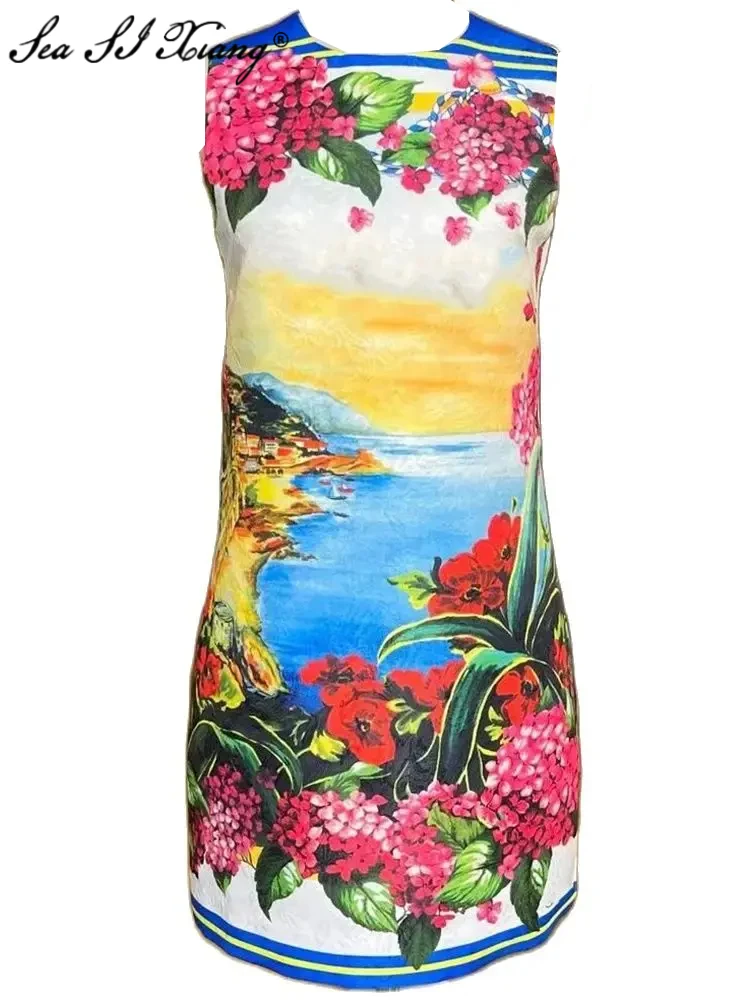 

Seasixiang Fashion Designer Summer Tank Dress Women O-Neck Sleeveless Flower Print Vintage Mini Dresses