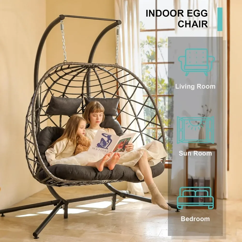 Double Egg Swing Chair with Stand, 2 Person Wicker Hanging Chair with Stand, Outdoor Indoor Oversized Hammock Chair