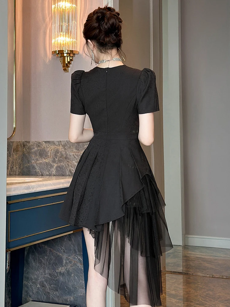 Sommer Schwarz Square Neck Schlank Plissee Asymmetrische Mini Kleid Frauen Elegante Formale Party Cocktail Kleid Dating Mujer Kleidung Chic