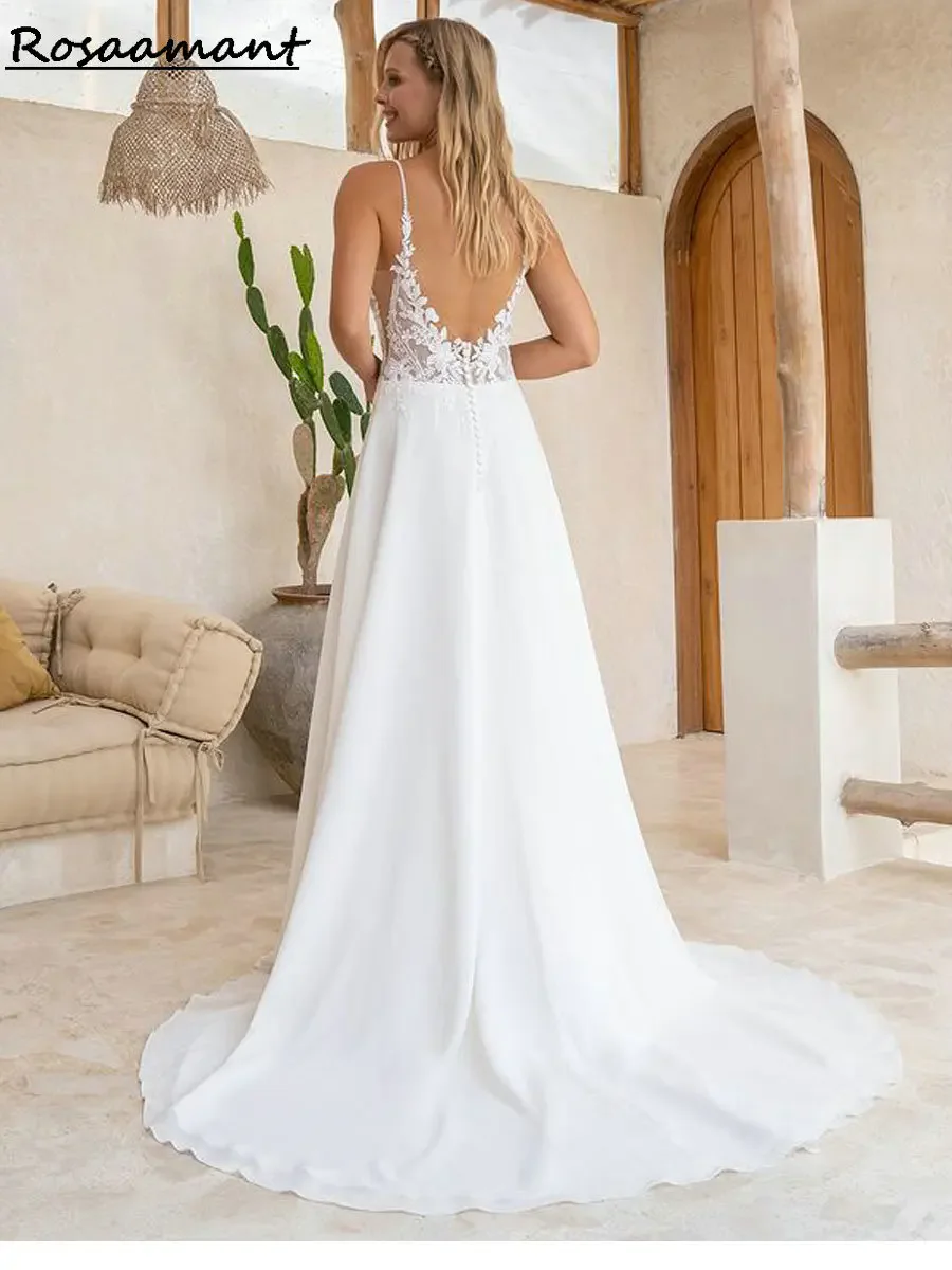 Новое поступление, шифоновые бретельки, свадебные платья трапециевидной формы, без рукавов, с открытой спиной, аппликации, кружевные свадебные платья в стиле бохо в стиле кантри