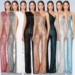 Women Elegant Long Jumpsuits Slanted Collar Party 2023 Sexy Glitter Sequin Club Playsuits Fashion Backless Solid Romper