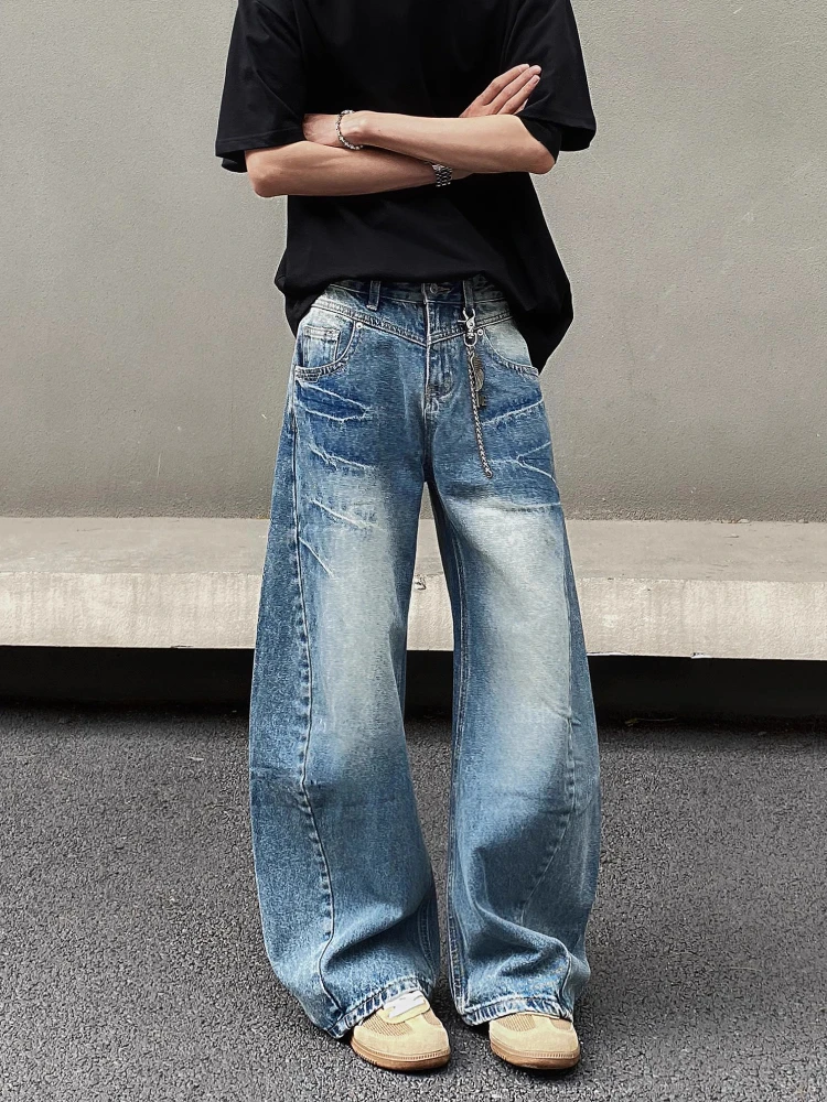 جينز رجالي أمريكي ريترو كلينفيت واسع الساق بتصميم فضفاض مناسب سروال مدبب من قماش الدنيم متعدد الخصر جينز عالي الخصر