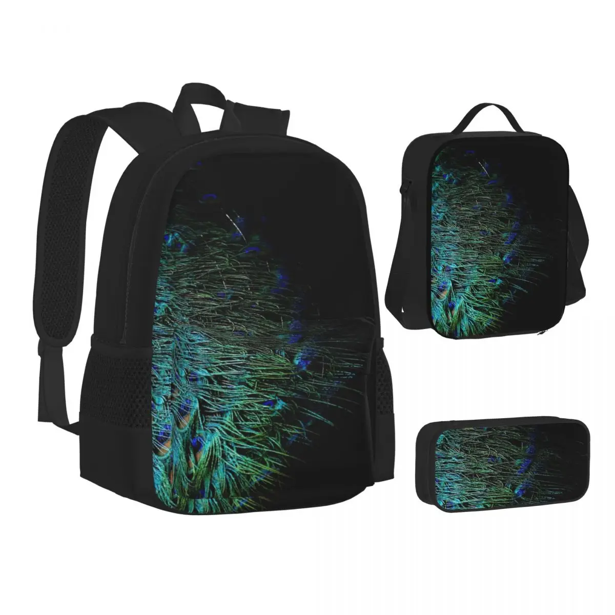 

Peacock Feathers On A Black Background Backpacks Students School Bags Kids Rucksack Lunch Bag Pen Bag Three-Piece Set