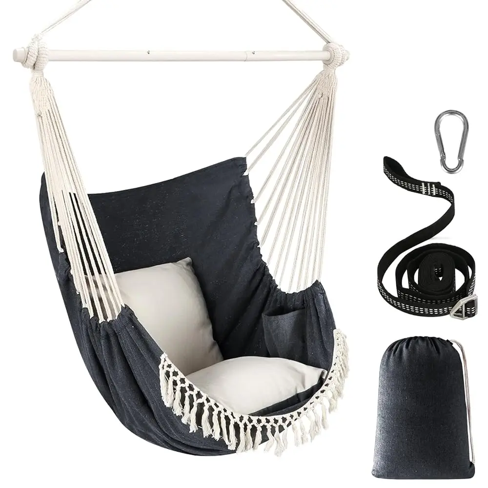 

Hammo Chair Hanging Swing Max 500 Lbs 2 Cushions Luded Steel Spreader Bar With Anti-Slip Grooves Portable Hanging Chair Side