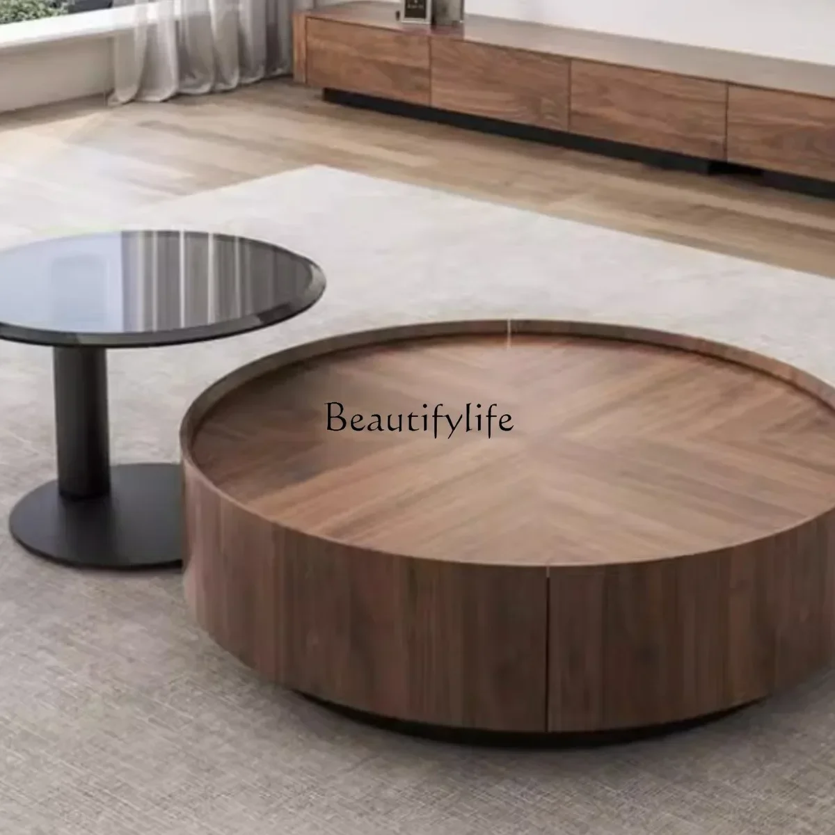 

02Italian minimalist retro style walnut color round coffee table modern simple storage coffee table