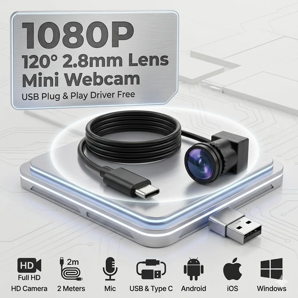 1080P Mini Webcam for Video Call TV, 3.7mm 90° & 2.8mm 120° Lens, USB Type-C Plug Play PC Camera with Mic, 2M Cable Android iOS