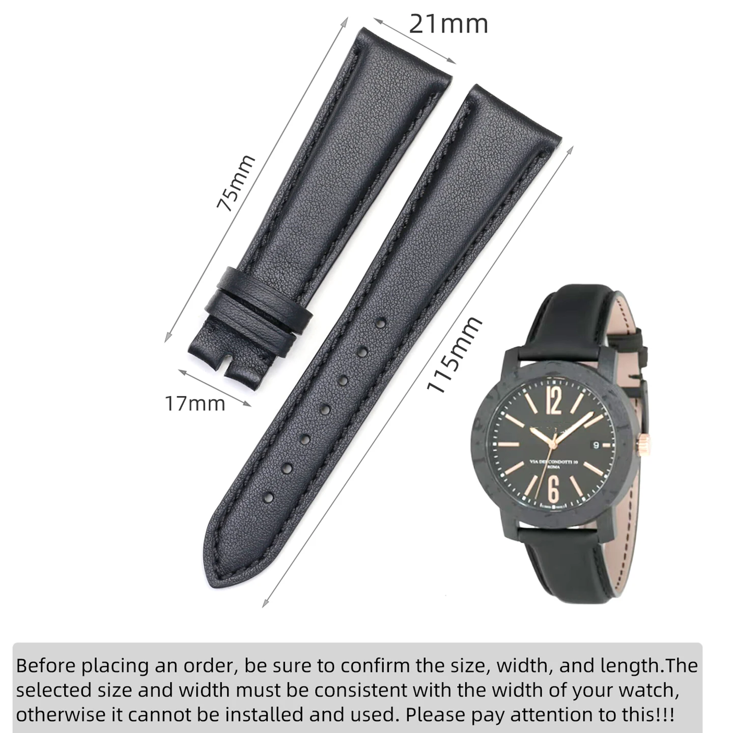 سلاسل ساعات من الجلد الطبيعي مناسبة لحزام ساعة رجالي BVLGARI BB42W 21 ملم حزام ساعة مسطح من جلد البقر باللون الأسود والبني والذهبي
