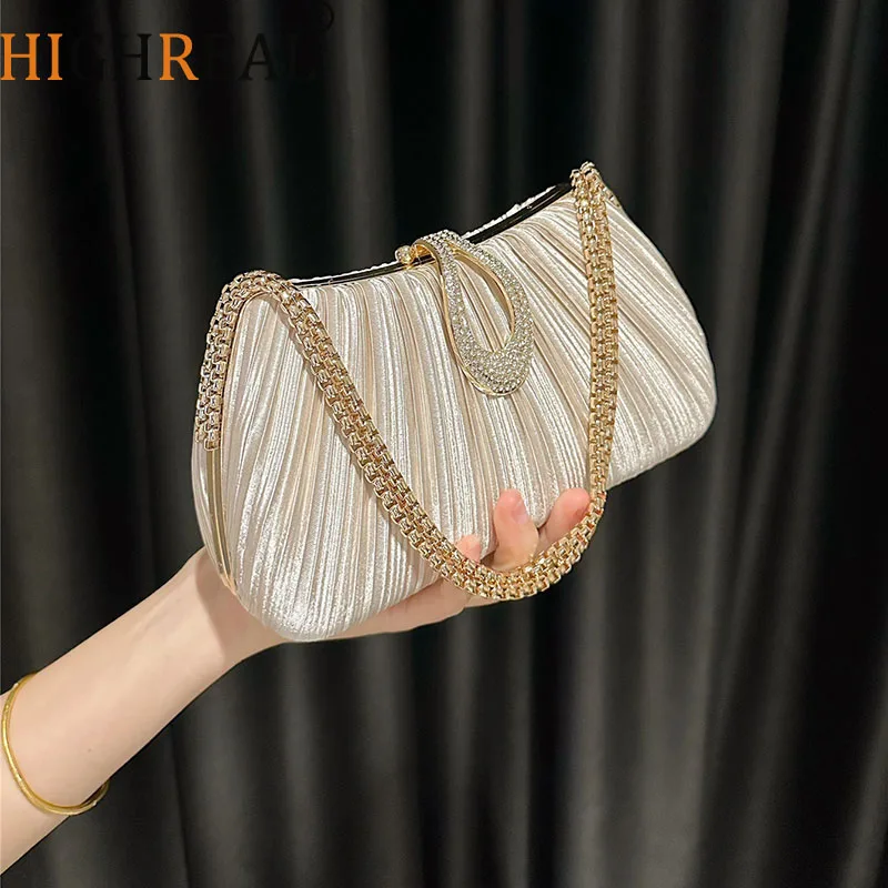 

Women's Elegant Satin Evening Bag Pleated Clutch Wedding Purse Chains Party Prom Handbags with Rhinestones for Wedding Bride