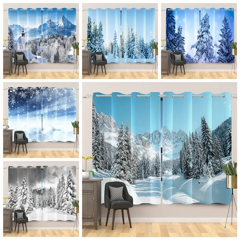 

2Pcs Winter Scenery Curtains Snowfield Pine Forest Landscape Bedroom Living Room Window Drapes Noise Reduction Blackout Curtain