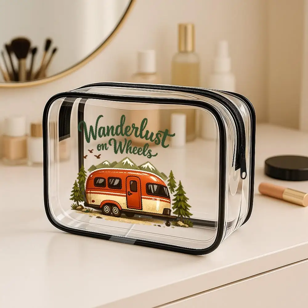 Toilet Bag Camper Mountain Pine Tree Clear PVC Zippered Makeup Storage Bag Vintage HandDrawn 