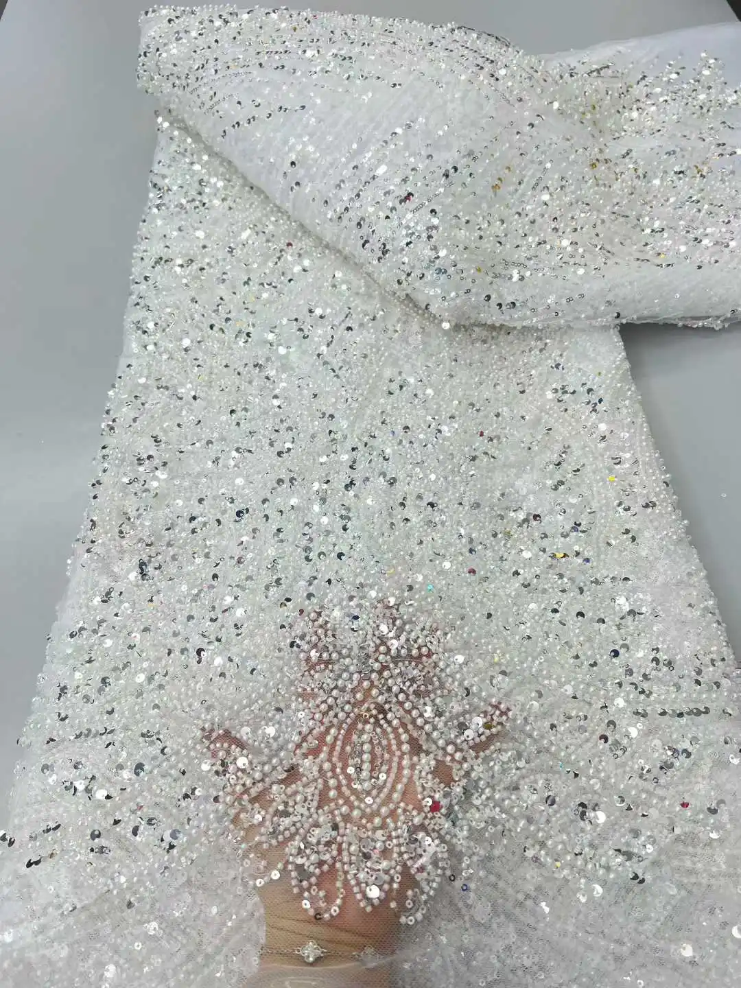 

Африканское нигерийское модное кружево с бисером 2026: Элитная французская сетчатая ткань с пайетками для женских вечерних платьев и шитья