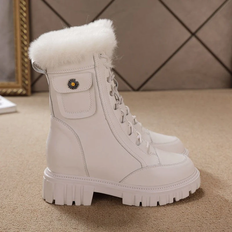 With Laces Women's Snow Boots Mid Calf Furry French Style Y2k Large Size Warm Trend 2025 Plush New Rock Lamb Goth Ladies Shoes