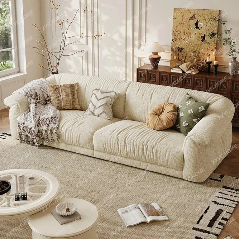 

Тканевый диван для гостиной с глубоким сиденьем и высокой спинкой, прямой диван из шенилла с карманами, кремового цвета, многоместный диван.