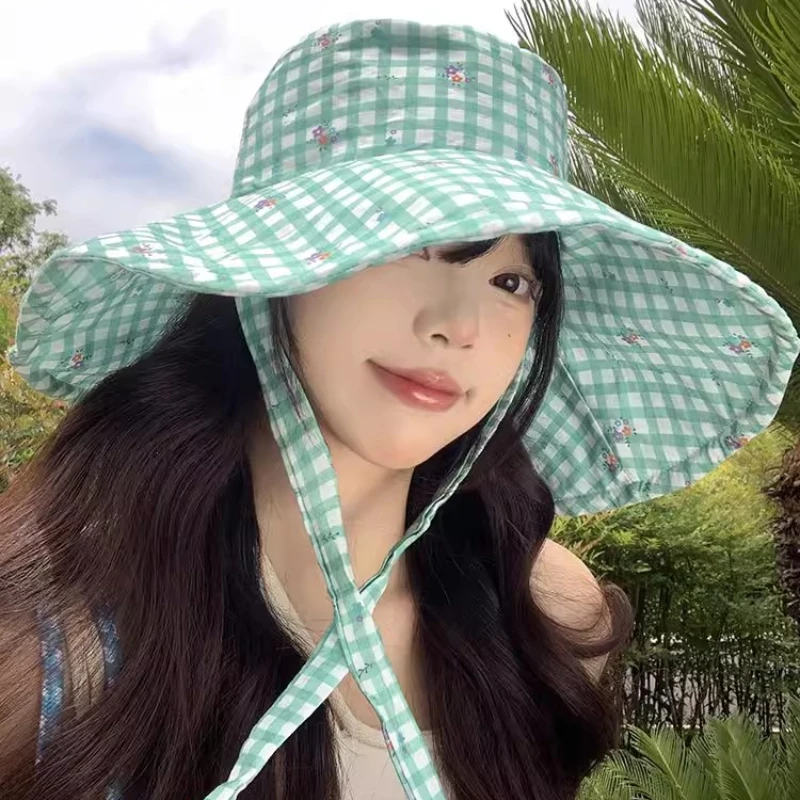 Korean Version Mint Mambo Green Plaid Summer Caps for Women Outdoor Travel Big Brim Sun Protection Versatile Straps Bucket Hat