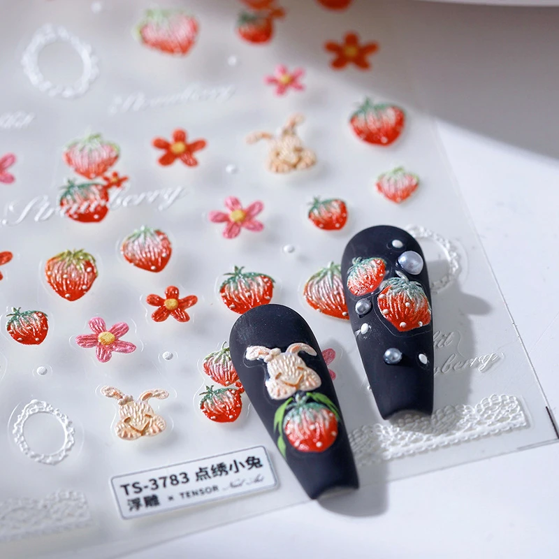 Lovely Embroidered Bunny Strawberry Flowers 5D Embossed Reliefs Self Adhesive Nail Art Stickers Cute Rabbit 3D Manicure Decals