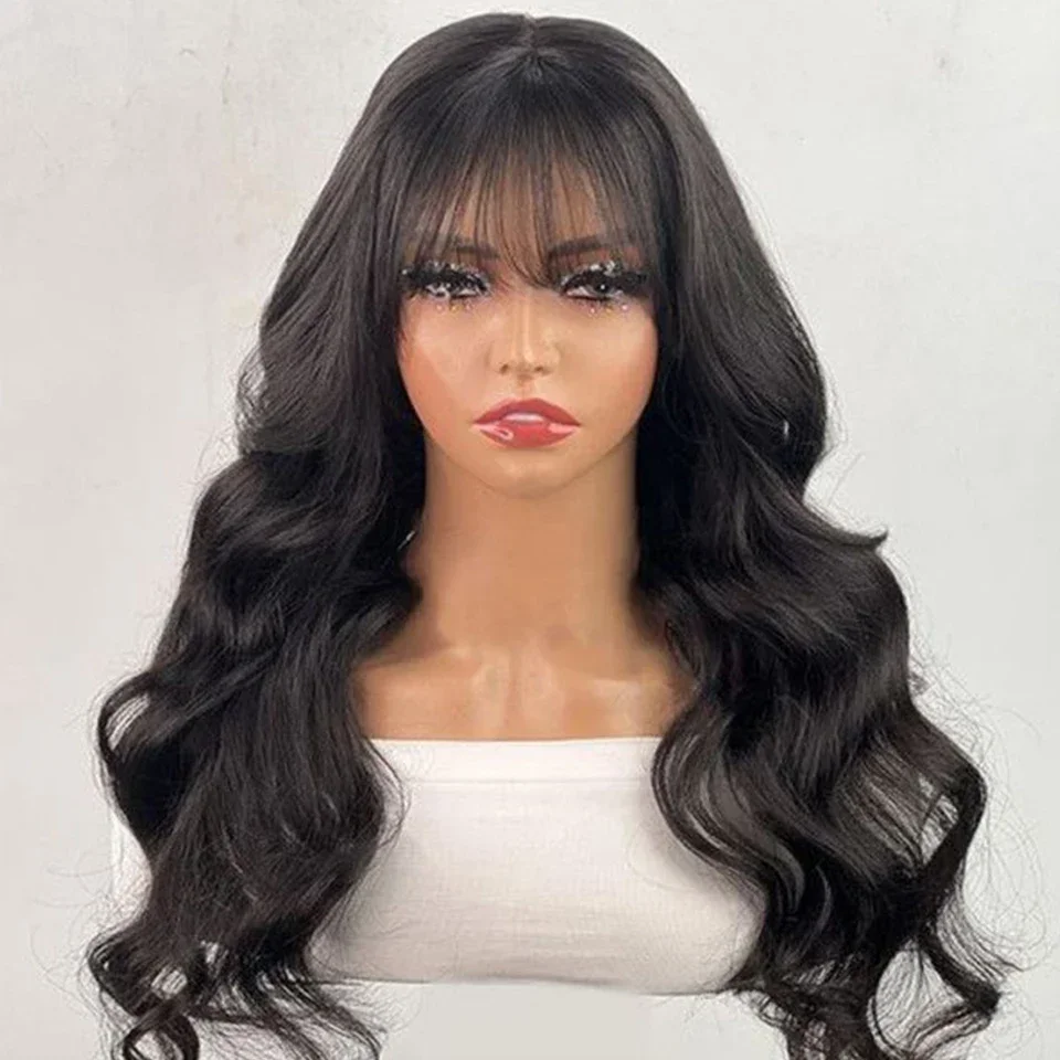 Brazilian Body Wave Human Hair Lace Wig With Bangs For Women Natural Remy Fringe 22 Inches Realistic Scalp Human Hair Wigs