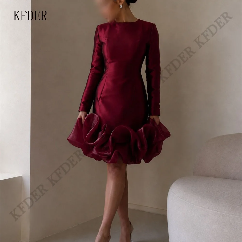 Burgundy Satin Formal Casual Occasion Dress Full Sleeves Ruched Prom Gowns Women Elegant Pleat Party Dress Customized
