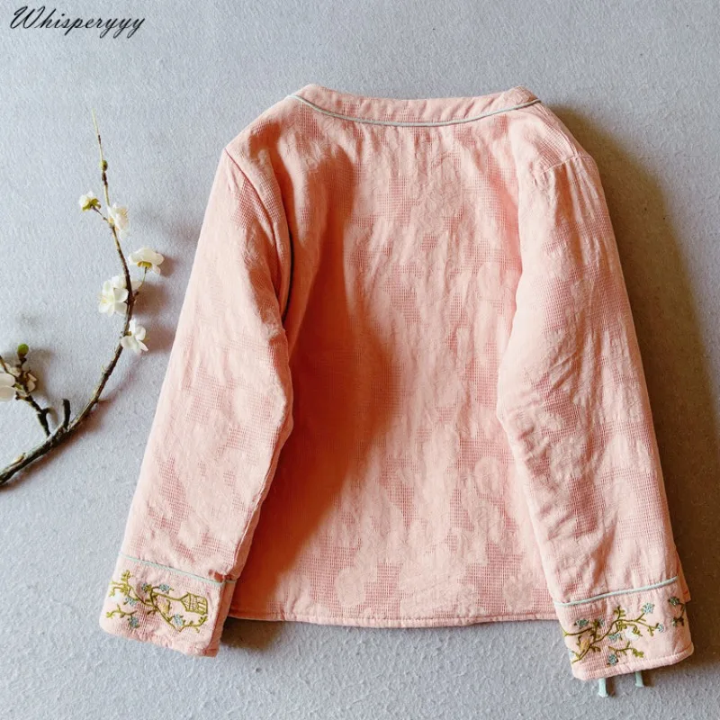 Chinese Style Embroidery Vintage Cotton and Linen Coat Thick Women\'s Winter Clothes Hanfu Tops Ethnic Style Cotton-padded Jacket