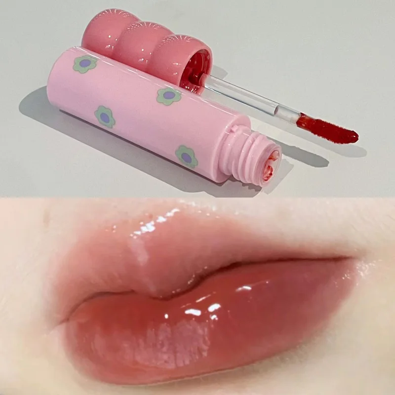 Cute Mirror Glass Lip Gloss Moisturizing Lip Plumper Oil Anti-Cracking Sexy Wood Red Water Glossy Lip Tint Non-stick Cup Makeup