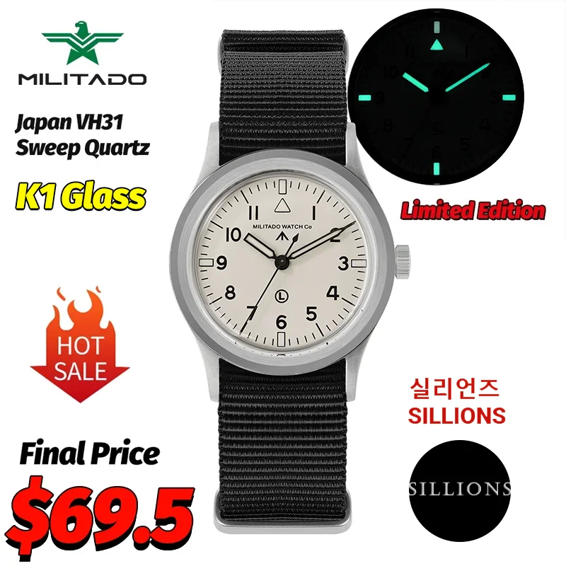 Militado Ml14 الأبيض الهاتفي ساعات كوارتز رجل VH31 حركة الاجتياح طبعة محدودة K1 100 متر مقاوم للماء مضيئة 36 مللي متر ساعة عتيقة