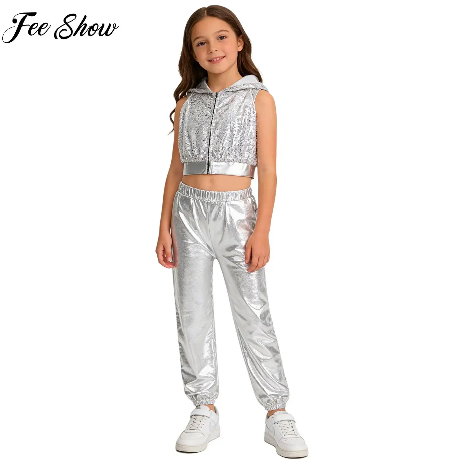 

Kids Girls Modern Hip-Hop Jazz Dance Modern Street Costume Outfit Sleeveless Sparkly Sequins Hooded Crop Top with Metallic Pants