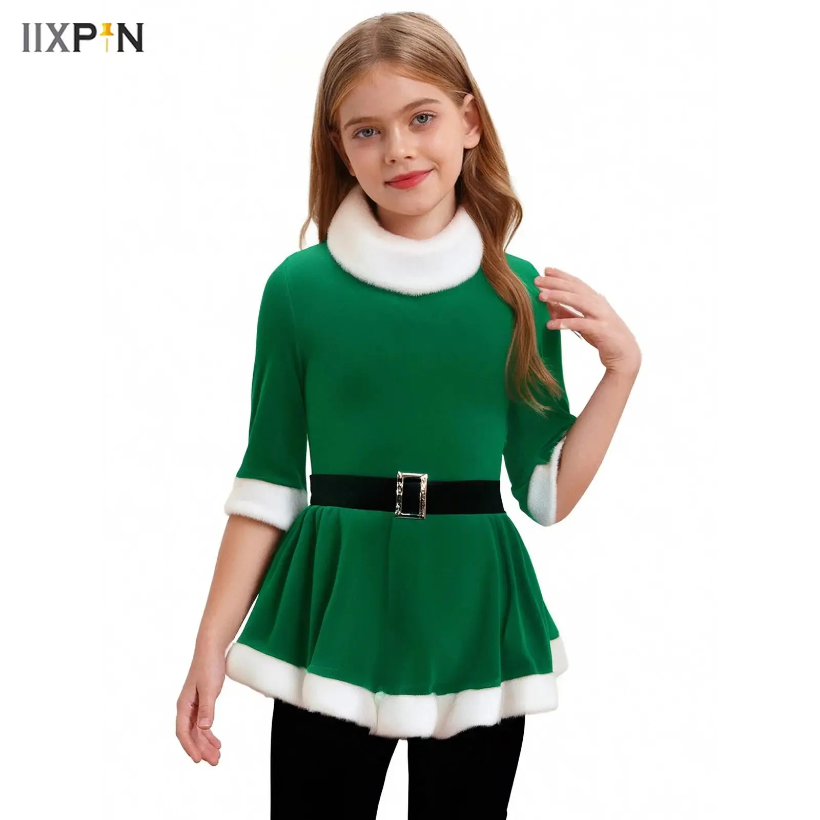 

Girls Christmas Santa Dance Costume Velvet 3/4 Sleeves Keyhole Back Figure Ice Skating Roller Skating Ballet Dance Leotard Dress