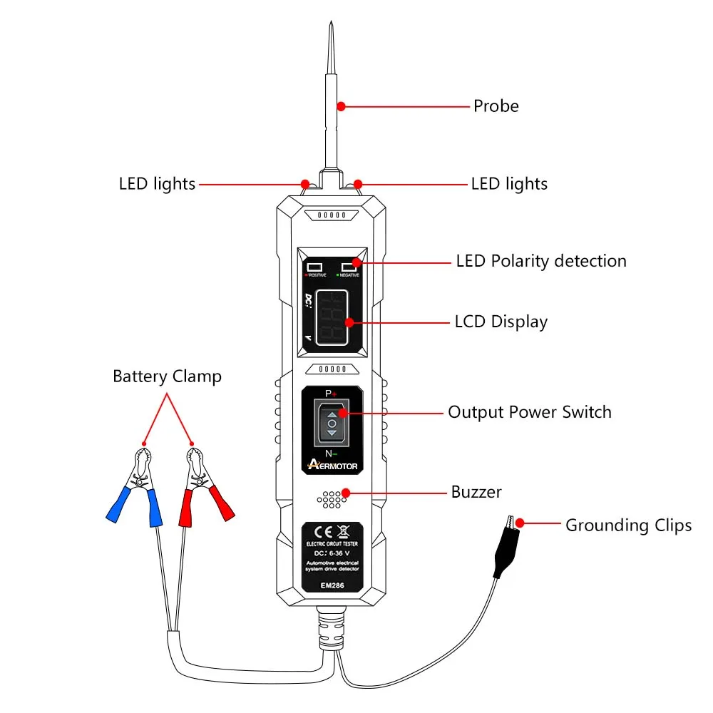 Aermotor Automotive Electric Circuit Tester 6-36V/6-48V with Voltage Display LED Light Car Power Circuit Probe Tester