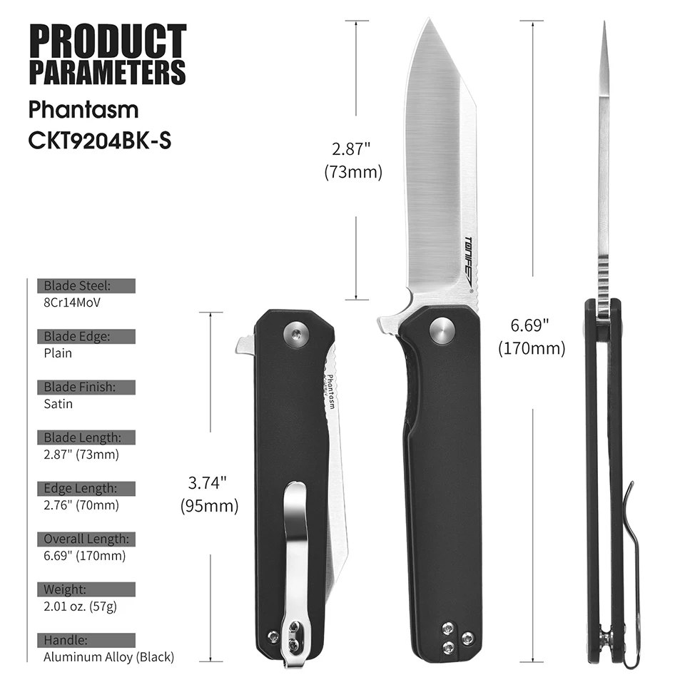 Tonife Phantasm Outdoor Folding Knife CKT9204 with 8Cr14MoV Blade and Aluminum Alloy Handle, EDC Pocket Tool for Camping, Hiking