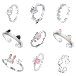 Anillos de dedo con orejas de gato para mujer y niña, anillo abierto con huellas bonitas, Perla hueca, regalo geométrico, accesorios de joyería fina ajustables