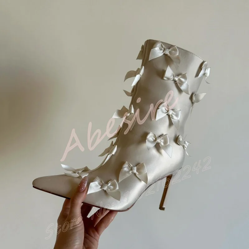 

Women'S White Bow Satin Nude Boots Pointed Toe Stiletto Side Zipper Wedding Boots Fashion Party Luxury Autumn Elegant High Heels