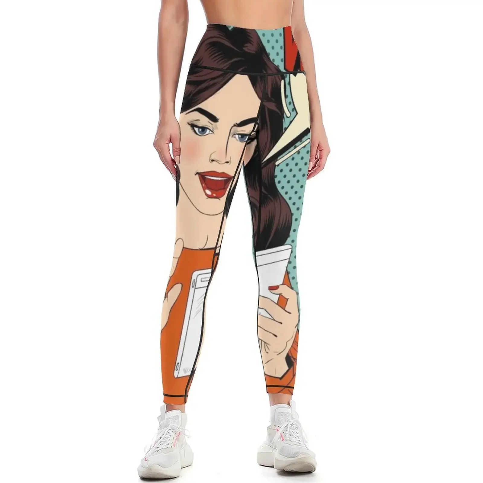 

Surprised Woman with Tablet in Hands and Bubble with Expression Wow. Pop Art Style Leggings high waist Womens Leggings
