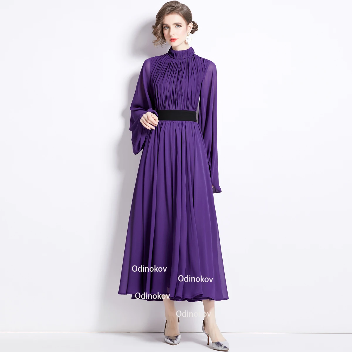 2024 Early Spring Runway New Chiffon Skirt Waist Slimming Purple Swing Long Dresses for Women