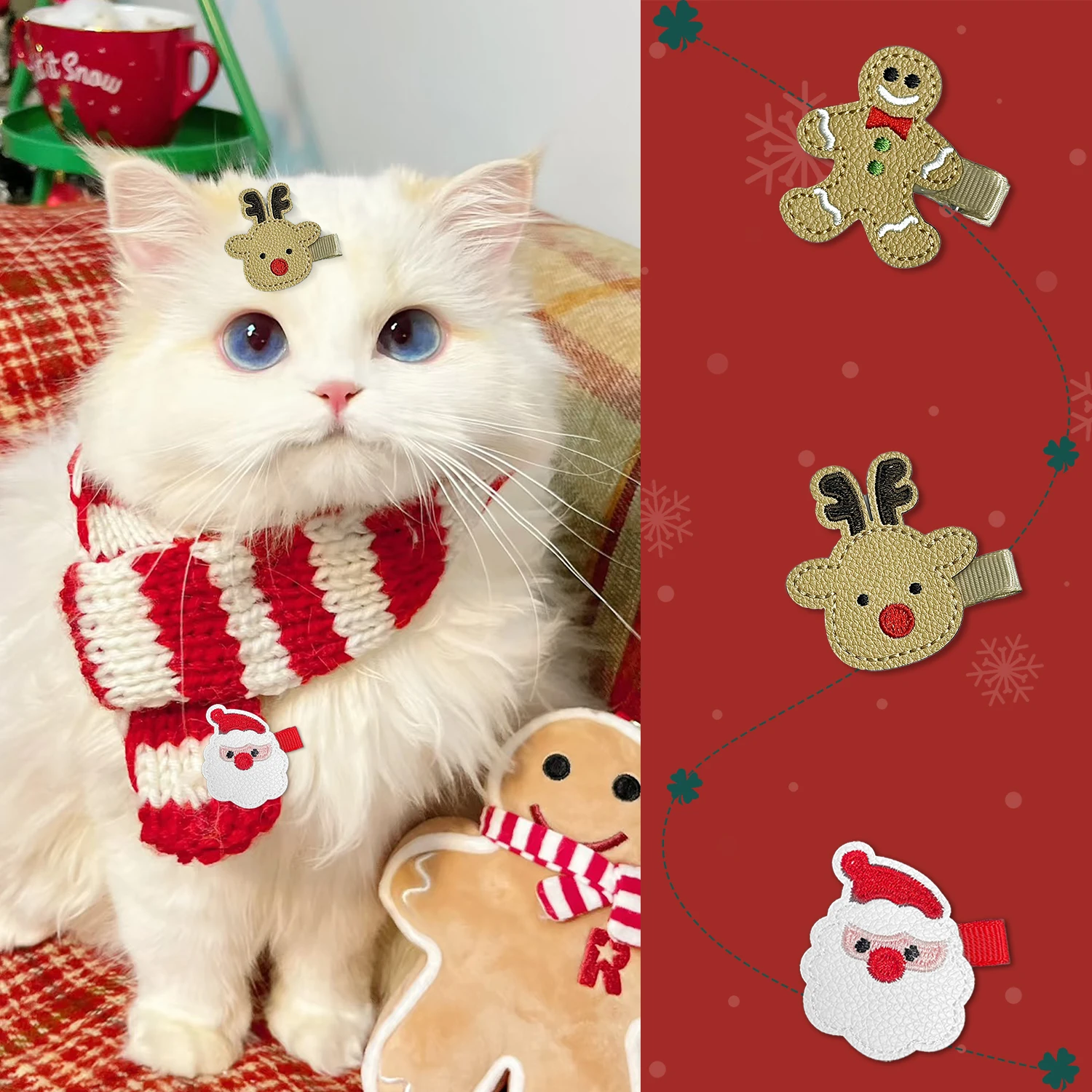 

Pet Cat Dog Cute Cartoon Hair Clip Gingerbread Man Elk Santa Hair Clip Set of 6