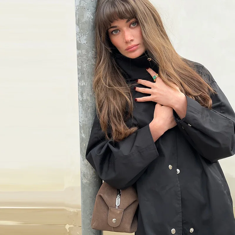 Damen Lange Jacken mit Stehkragen, Einreihige Oversize-Trenchcoats, Street-Style Damenmantel mit Langen Ärmeln, Einfarbig und Locker Geschnitten, Neue Oberbekleidung – Detail 40