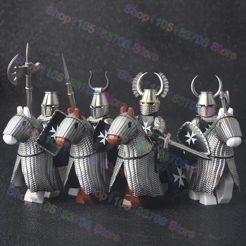 MOC Medieval Military Crusader Knight Building Blocks Castle Army Soldier Figure Horse Mount Shield Sword Accessories Bricks Toy