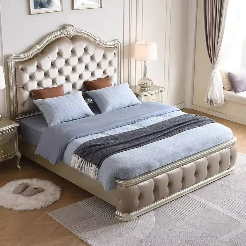 

!@American Style House Villa Bedroom Furniture Solid Wood Bed King Size Luxury High Back Tufted King Size Bed Wood