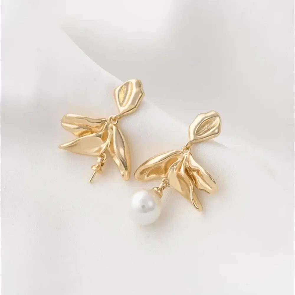 

14K Gold-Color Design Sense Twigs and Leaves with Beaded Holder Stud Earrings 925 Silver Needle DIY Pearl Earring Accessories