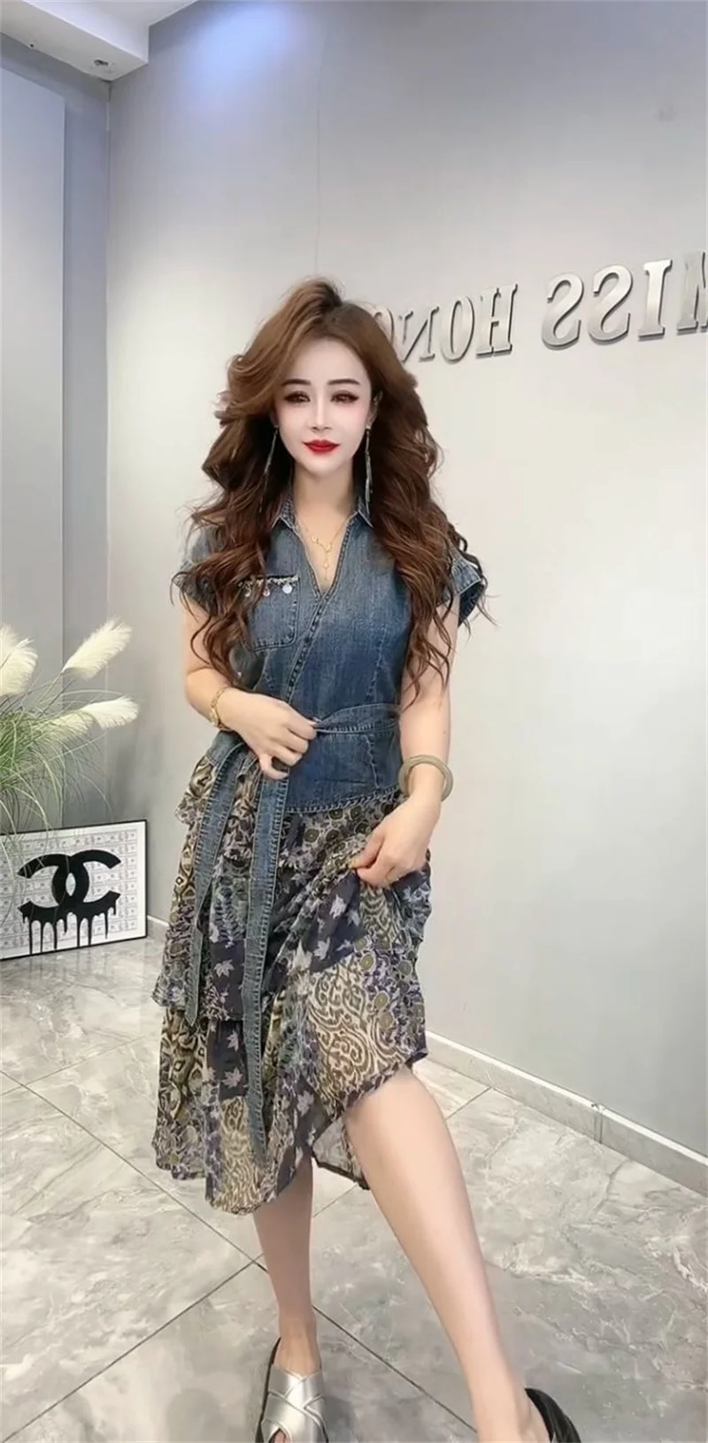 Female Short Blazer And Print Dresses Two Piece Set Fat High Waist Slim Fit Large Size 4XL Korean Version Set Dress Pink Black