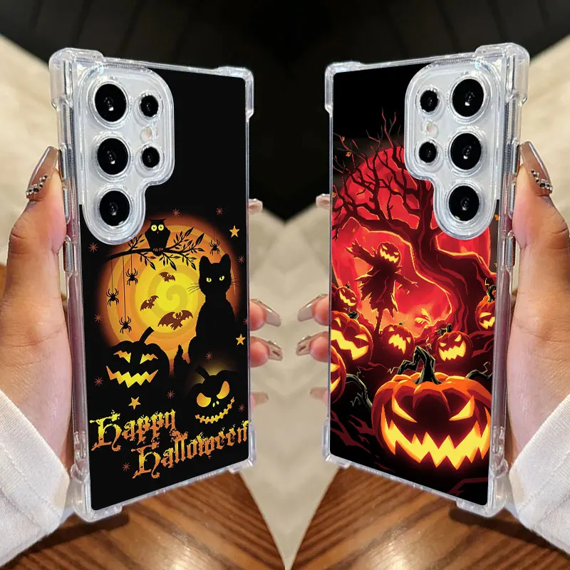 Pumpkin Halloween Cat Clear Phone Case For Samsung Galaxy S26 S25 S24 Ultra S23 S22 Plus S21 S20 S26 FE 5G Shockproof Soft Cover