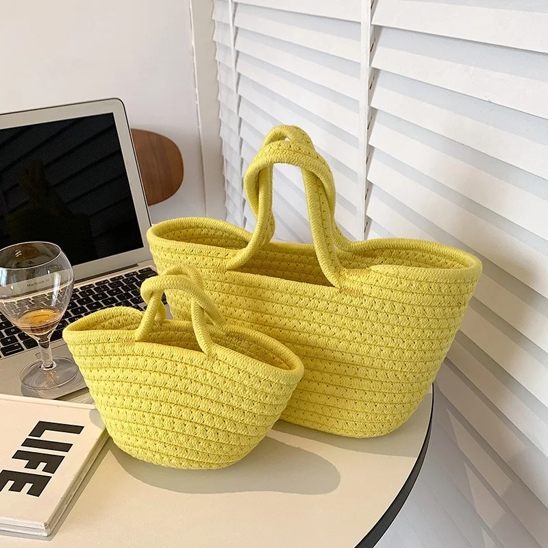 2022 Casual  Solid Color Woven Bag Women Small Tote Straw Bag Beach Vacation Travel Shopping Shopper Handbag Female Open Bag