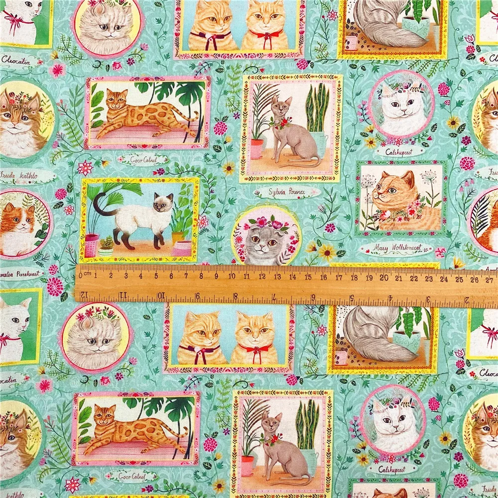 Vintage cute Floral cat  Photo Frame Cotton Fabric Kitten Printed Cloth Sewing Quilting Fabrics For Patchwork DIY Materials